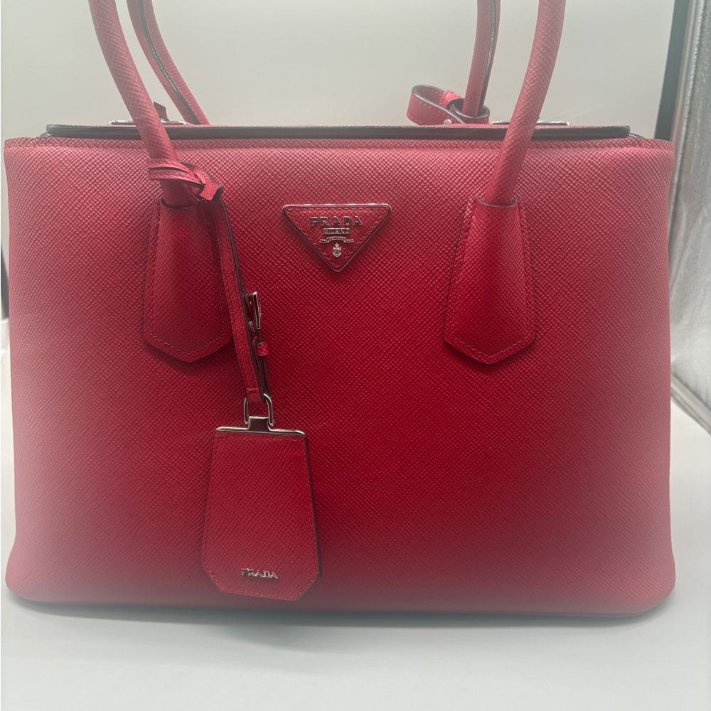 Prada Medium Galleria Red Saffiano Lux Double Zip Tote w/ Lock & Key